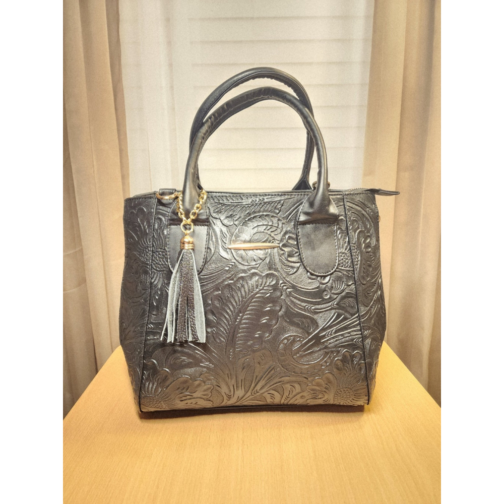 Black Zippered Floral Embossed Tooled Artisan LEATHER Hobo Bag Purse Artesanal - Picture 4 of 16